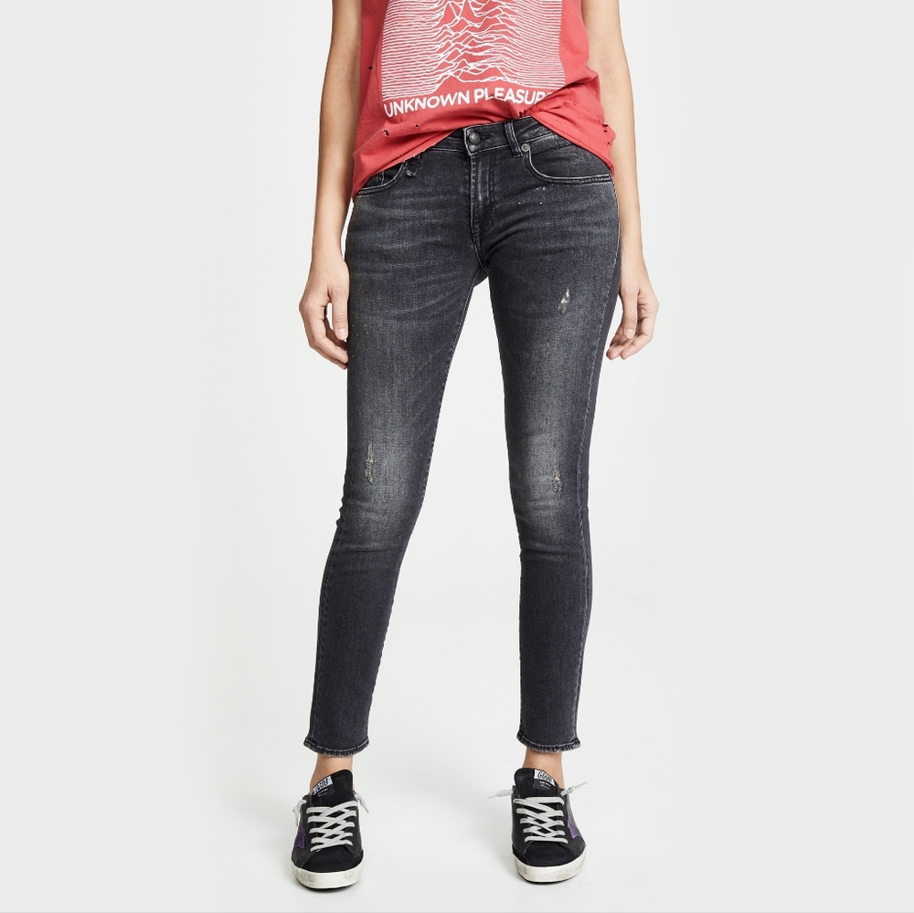 NWOT R13 Designer $530 Black Low Rise Distressed Kate Skinny Jeans Cropped sz 25